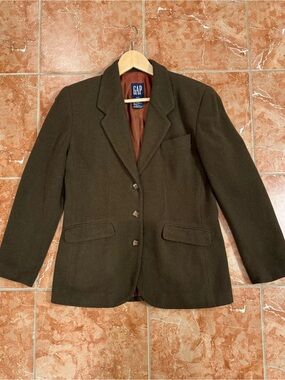 Vintage 90s GAP Blazer Womens Olive Green 3 Button Jacket Wool Blend Notch Sz M